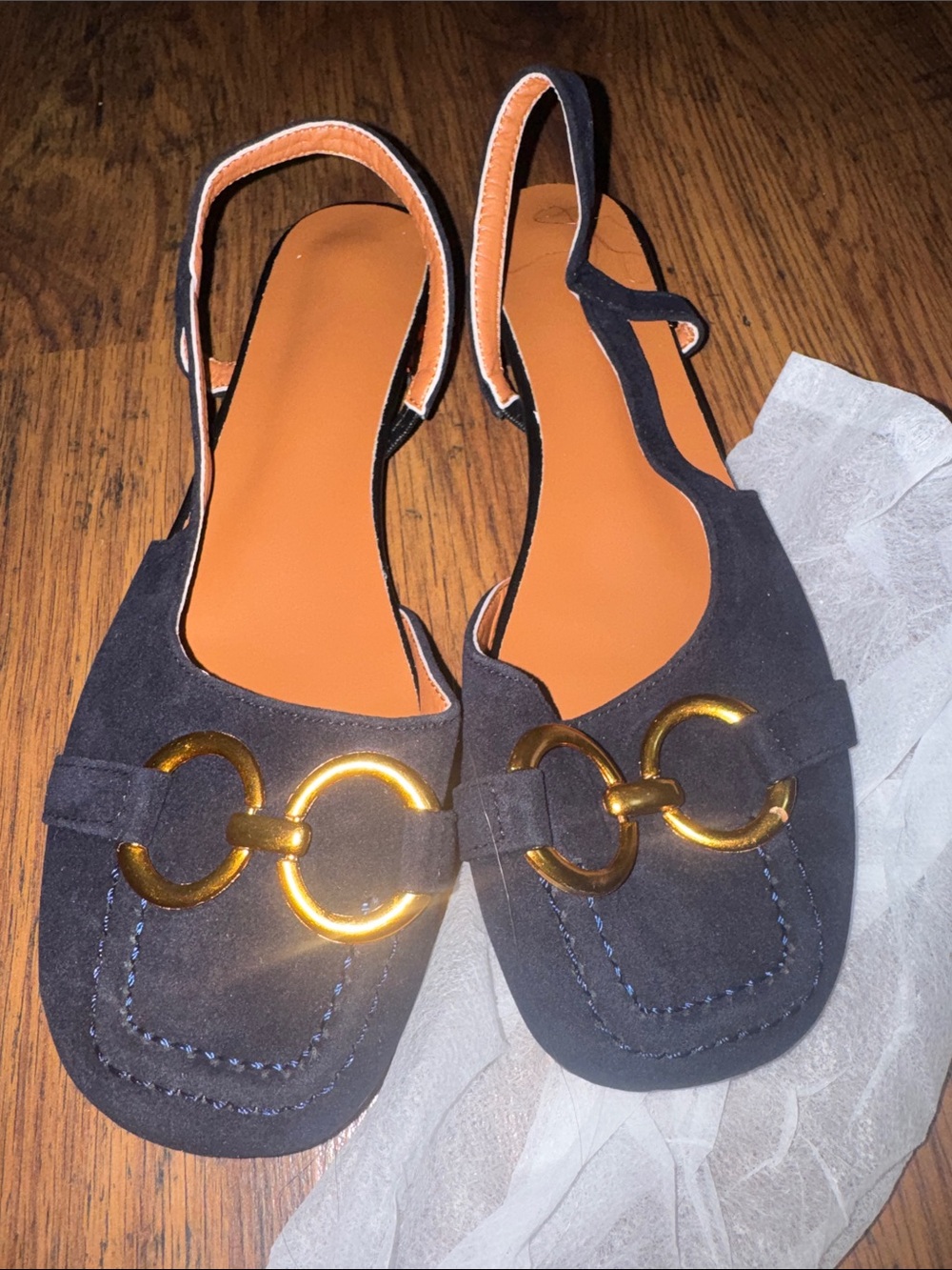 Gianni Bini Navy Suede Slingback Flats with Gold Double Rings C.2.3